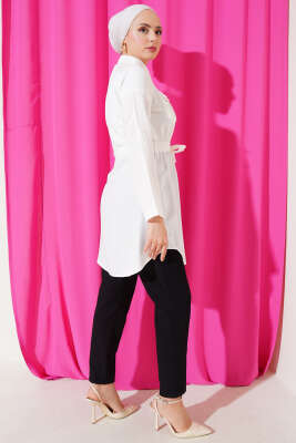 Çift Cepli Bel Lastikli Gömlek Ekru - Thumbnail