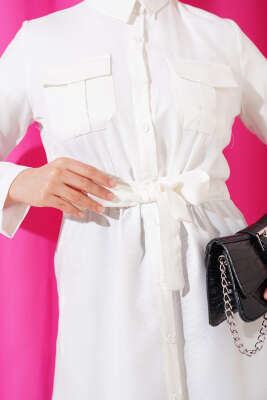 Çift Cepli Bel Lastikli Gömlek Ekru - Thumbnail