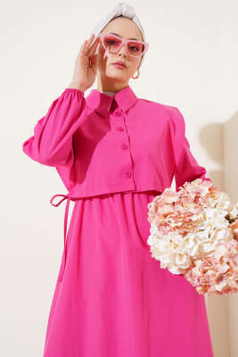 Bolerolu Terikoton Elbise Fuşya - Thumbnail