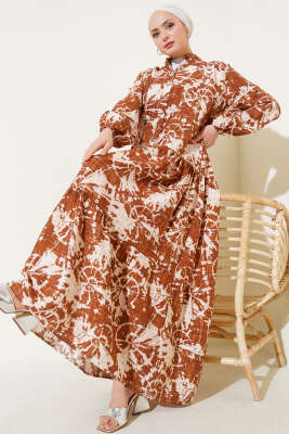 Pazarium - Batik Desen Yarım Düğmeli Elbise Taba