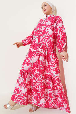 Pazarium - Batik Desen Yarım Düğmeli Elbise Alizarin