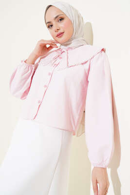 Pazarium - İncili Denizci Yaka Kısa Gömlek Pembe