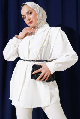 Pazarium - Omuz Pileli Kemerli Gömlek Ekru
