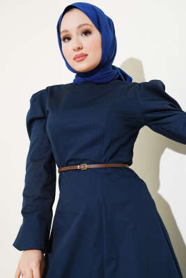 İnce Kemerli Poplin Elbise Lacivert - Thumbnail