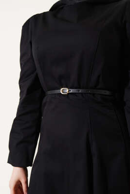 İnce Kemerli Poplin Elbise Siyah - Thumbnail