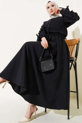 Pazarium - Kolları Büzgülü Ceketli Jile İkili Takım Siyah