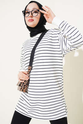 Pazarium - Bisiklet Yaka Çizgili Tunik Beyaz