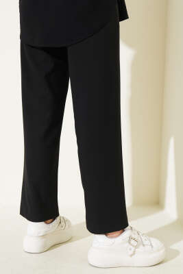 Bel Lastikli Çımalı Dar Paça Pantolon Siyah - Thumbnail