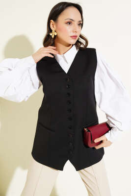 Pazarium - Mini Düğmeli Uzun Yelek Siyah