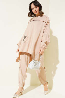 Pazarium - Cep Taşlı Salaş Tencel İkili Takım Bej