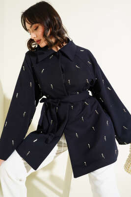 Damla İncili Kuşaklı Düğmeli Ceket Lacivert - Thumbnail