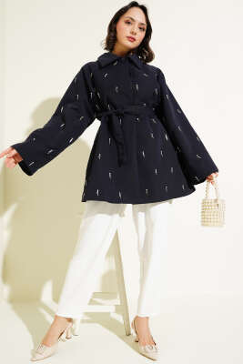 Damla İncili Kuşaklı Düğmeli Ceket Lacivert - Thumbnail