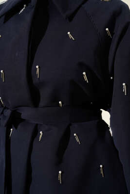 Damla İncili Kuşaklı Düğmeli Ceket Lacivert - Thumbnail