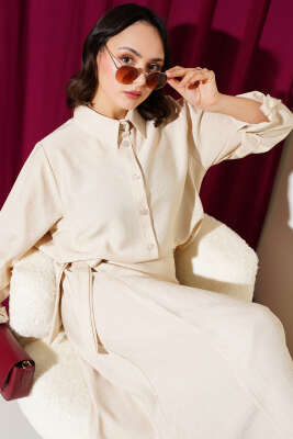 Pazarium - Eteği Yan Bağlamalı İkili Takım Bej