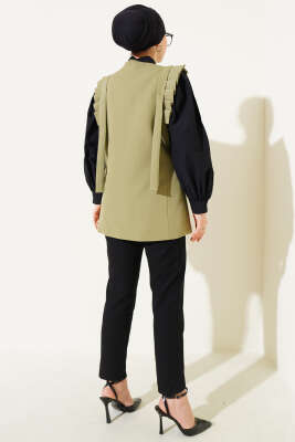 Omuz Pileli Cep Kapaklı Yelek Haki - Thumbnail