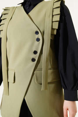 Omuz Pileli Cep Kapaklı Yelek Haki - Thumbnail