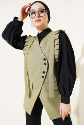 Omuz Pileli Cep Kapaklı Yelek Haki - Thumbnail