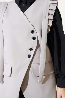 Omuz Pileli Cep Kapaklı Yelek Gri - Thumbnail