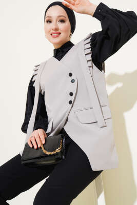 Omuz Pileli Cep Kapaklı Yelek Gri - Thumbnail