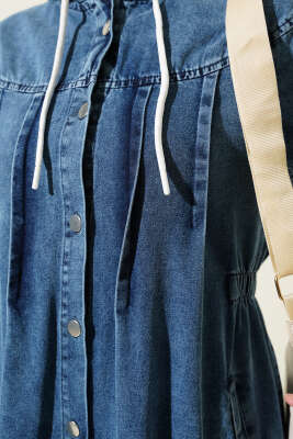 Kapüşonlu Boydan Düğmeli Kot Elbise Kot - Thumbnail