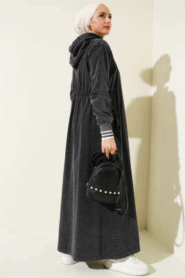 Kapüşonlu Boydan Düğmeli Kot Elbise Füme - Thumbnail