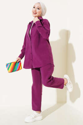 Pazarium - Tek Göğüs Cepli Gömlek İkili Takım Mor