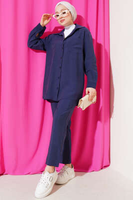 Pazarium - Tek Göğüs Cepli Gömlek İkili Takım Lacivert