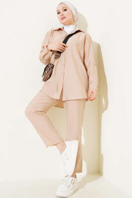 Pazarium - Tek Göğüs Cepli Gömlek İkili Takım Bej