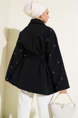 Damla İncili Kuşaklı Düğmeli Ceket Siyah - Thumbnail