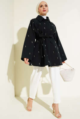 Damla İncili Kuşaklı Düğmeli Ceket Siyah - Thumbnail