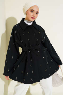Damla İncili Kuşaklı Düğmeli Ceket Siyah - Thumbnail