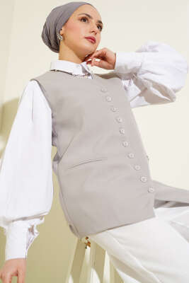 Pazarium - Mini Düğmeli Uzun Yelek Gri