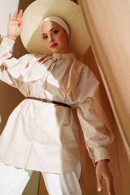 Pazarium - Allerli Kemerli Poplin Gömlek Bej