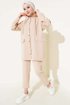 Pazarium - Metal Düğmeli Dabıl İkili Takım Bej