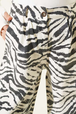 Zebra Desen Simli Palazzo Pantolon Ekru Siyah - Thumbnail
