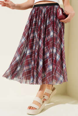 Ekoseli Bel Lastikli Şifon Etek Bordo - Thumbnail