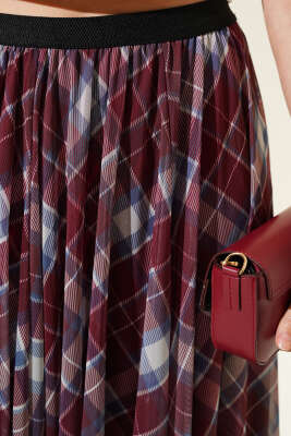 Ekoseli Bel Lastikli Şifon Etek Bordo - Thumbnail