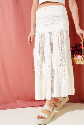 Dantelli Pileli Midi Etek Ekru - Thumbnail