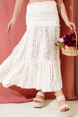 Dantelli Pileli Midi Etek Ekru - Thumbnail