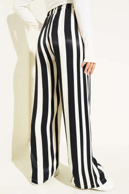 Dik Çizgili Saten Palazzo Siyah Ekru - Thumbnail