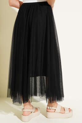 Bel Lastikli Midi Tül Etek Siyah - Thumbnail