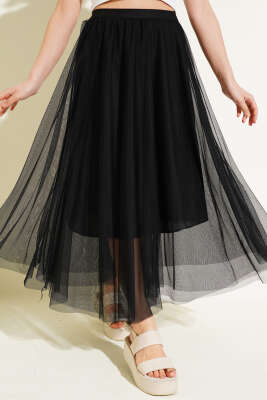 Pazarium - Bel Lastikli Midi Tül Etek Siyah