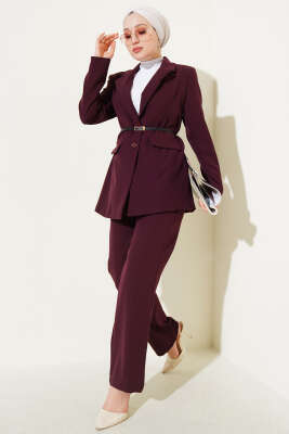 Pazarium - Cep Kapaklı Kemerli Ceket İkili Takım Burgonya
