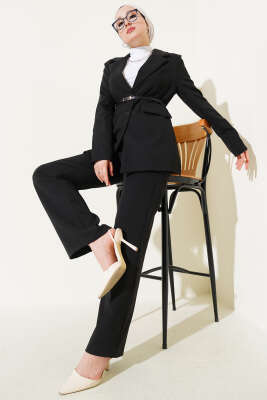 Pazarium - Cep Kapaklı Kemerli Ceket İkili Takım Siyah