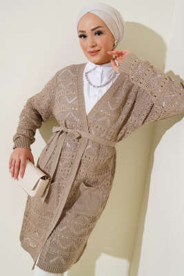 Pazarium - Zikzak Desenli Delikli Kuşaklı Triko Hırka Vizon