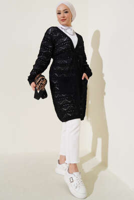 Zikzak Desenli Delikli Kuşaklı Triko Hırka Siyah - Thumbnail