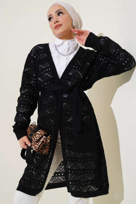 Pazarium - Zikzak Desenli Delikli Kuşaklı Triko Hırka Siyah