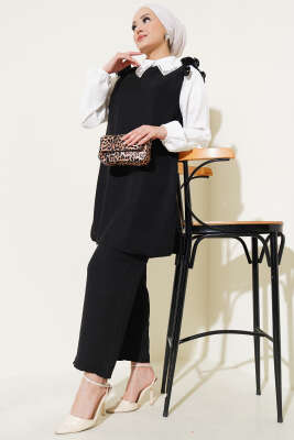 Pazarium - Yaka Taşlı Gömlek Garnili İkili Takım Siyah
