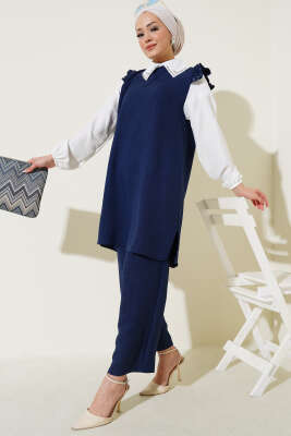 Pazarium - Yaka Taşlı Gömlek Garnili İkili Takım Lacivert