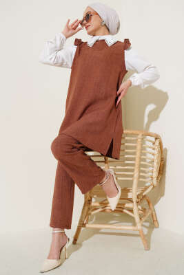 Pazarium - Yaka Taşlı Gömlek Garnili İkili Takım Kahve